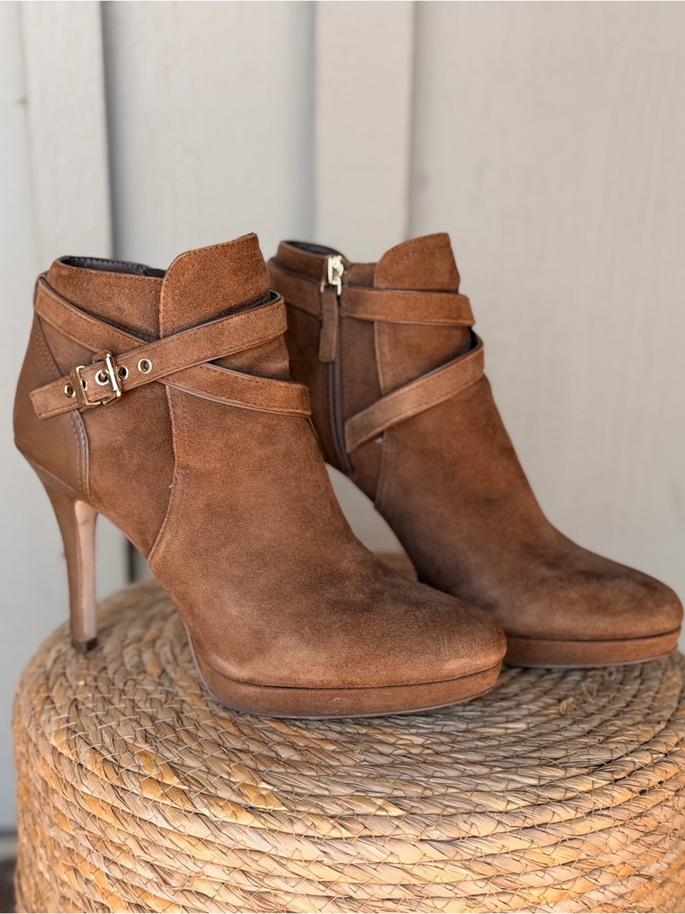 White House Black Market Brown Suede Ankle Booties with Wrap Strap